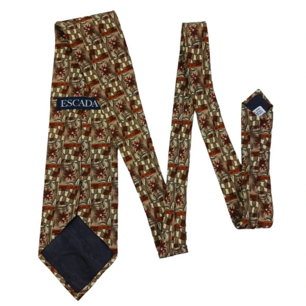 Vintage Escada Silk Neck Tie Made in Italy Brown Floral Geometric‎ 70s Designer